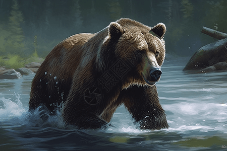 雄伟的灰熊在水里捕鱼高清图片