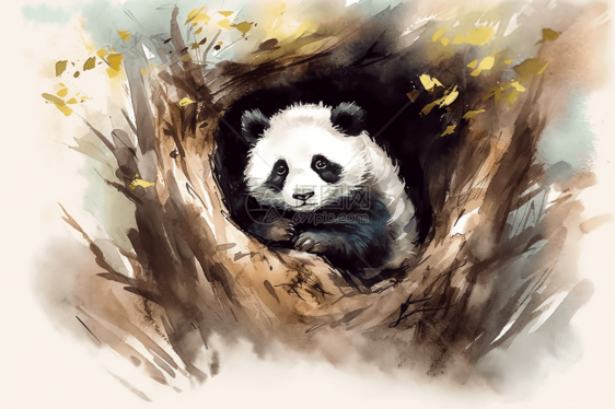 趴在树洞里的熊猫图片