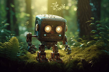 神奇森林中顽皮的机器人背景图片