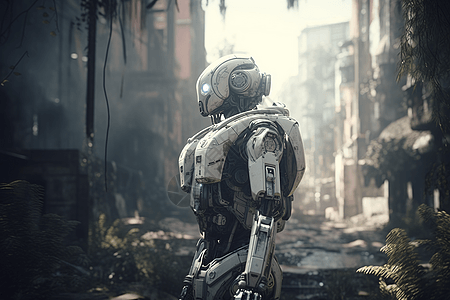 站在废墟里的机器人背景图片