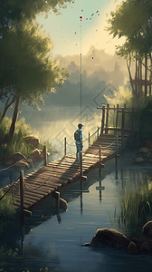 站在桥上钓鱼的男孩图片