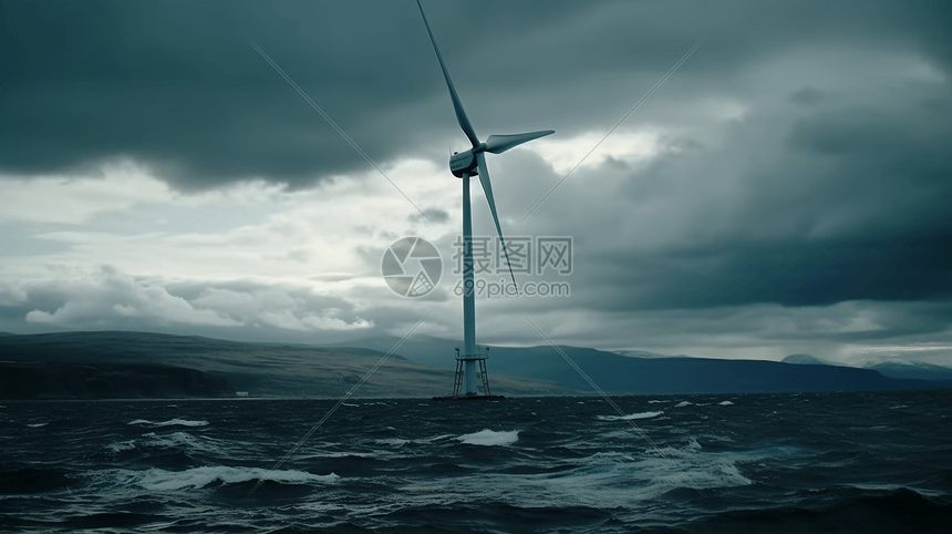 海洋里高耸的风力发电机图片