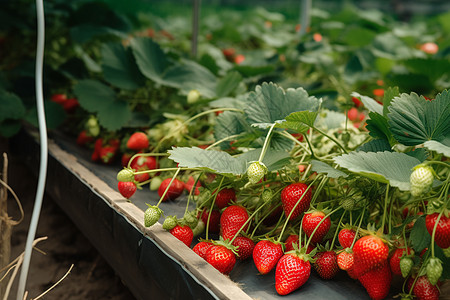 温室中新鲜草莓特写图图片