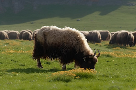 雪山下牦牛群放牧场景图片