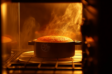 热气腾腾烤箱中的蛋糕设计图片