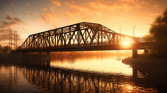 日落时河上的钢桥图片