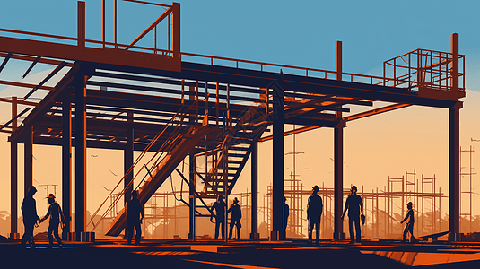 工人为建筑物的安装钢梁的平面插图图片