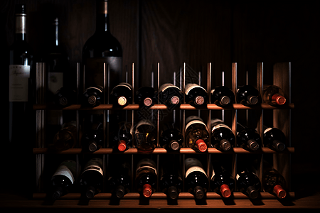 酒庄里酒架上摆放的经典葡萄酒背景图片
