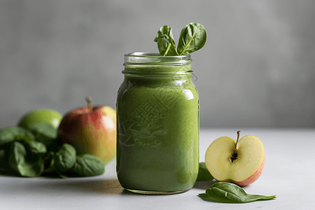 梅森罐子里的绿色冰沙和水果背景