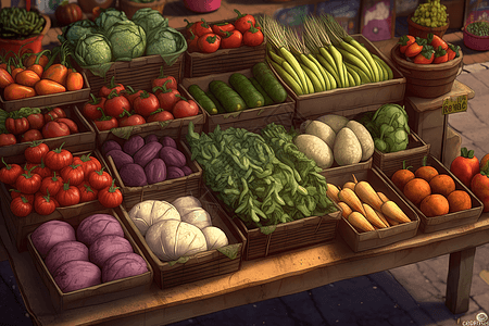 小摊上的蔬菜售卖手绘插图图片