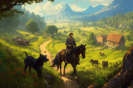 农民骑马穿过田园山谷手绘插图图片