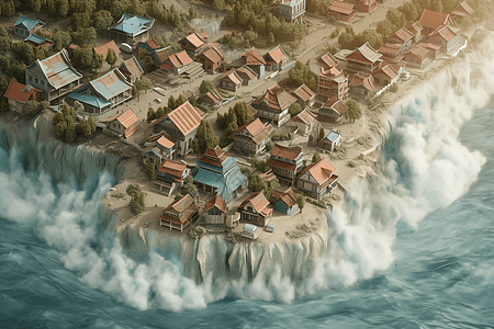 海啸灾害袭击村庄3D概念模型图片