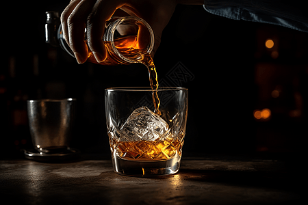 将一瓶威士忌倒入岩石玻璃杯中享用图片