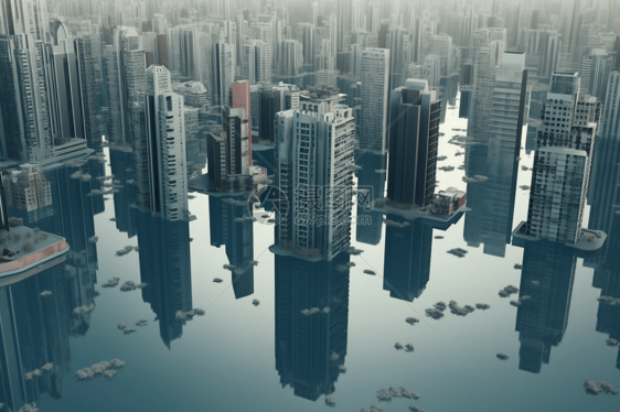 洪水淹没的城市3D创意模型图片