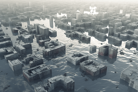 洪水淹没的城市3D概念模型图片