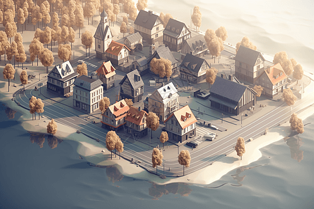 被洪水包围的小镇3D黏土模型图片