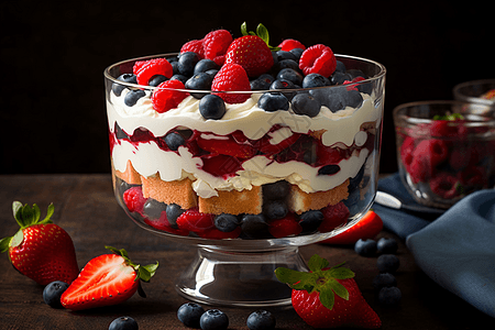 玻璃碗中的水果蛋糕背景图片