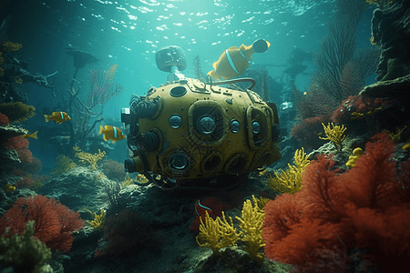 探索珊瑚礁的水下机器人图片
