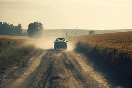 汽车在有田野和农舍的乡村道路上行驶图片
