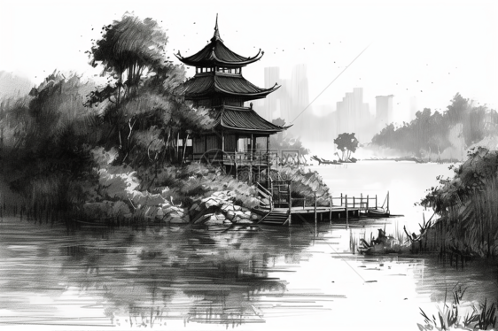 黑色绘画传统的中国凉亭图片