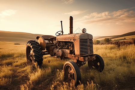 旧拖拉机坐落在乡村景观中图片