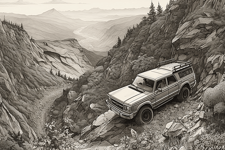 越野车爬上陡峭的山绘画插图图片