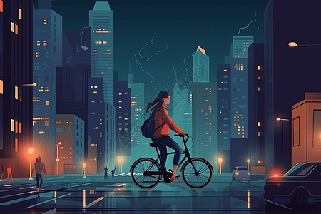 女孩在城市街道上骑自行车创意插图图片