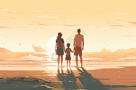 海滩上散步家庭插图图片