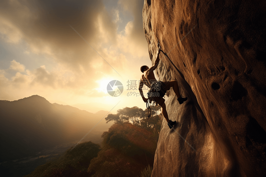 攀岩者清晨攀登山峰的照片图片