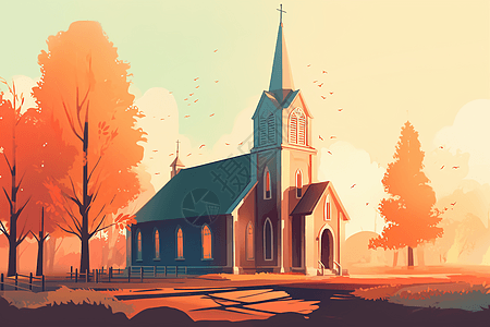 乡村中庄严的教堂创意插图图片