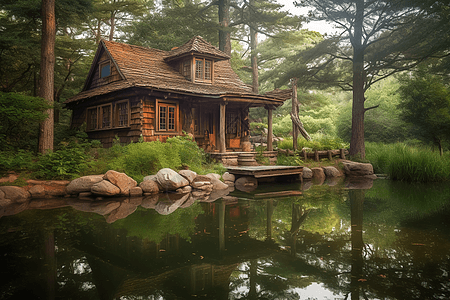 坐落在树林中乡村小屋场景图片