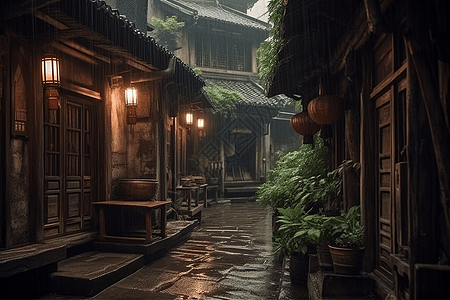 雨季中的小巷风景高清图片