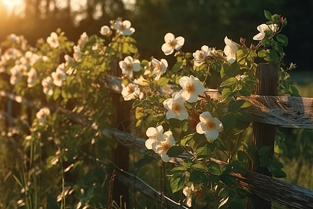 篱笆上的白色小野花图片