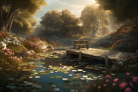 林间的池塘艺术插图图片