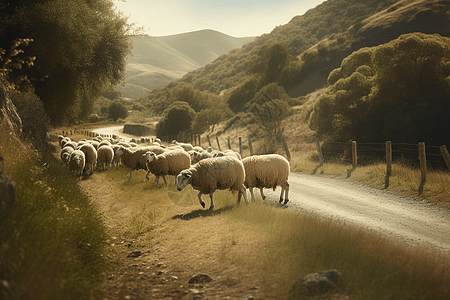山路上放牧的山羊图片图片