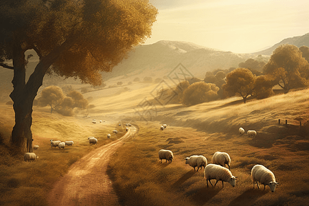 山路上放牧的山羊3D概念图图片