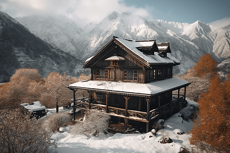 雪山中的山间小屋创意概念图图片