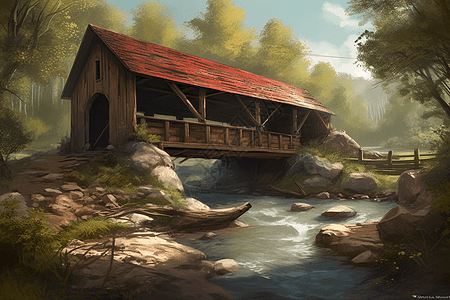 乡村河流上廊桥的创意插图图片