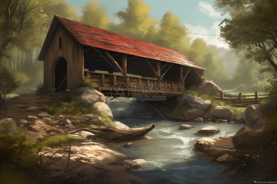 乡村河流上廊桥的创意插图图片