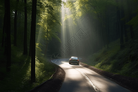 汽车在森林道路行驶背景图片