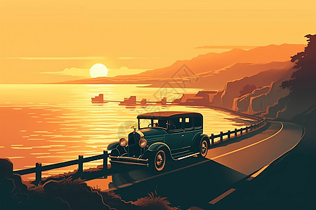 日落时行驶在沿海公路的汽车图片