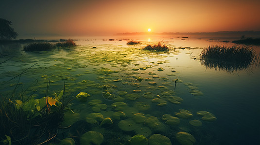 薄雾笼罩的湖泊的日落或日出图片