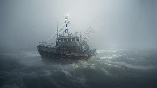 一艘渔船在潮汐能站附近的波涛汹涌的海浪中航行图片