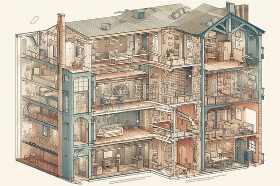 建筑物的剖面图显示了不同的楼层及其用途图片