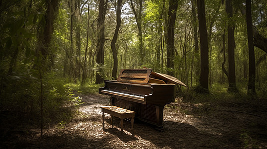 森林中的三角钢琴图片