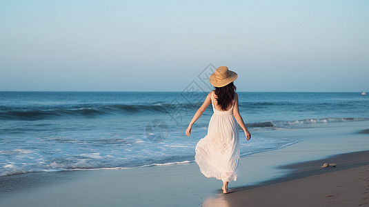 美丽的女人走在沙滩上图片
