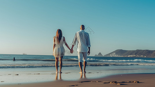 一对夫妇在晴朗的天空下海滩漫步的背影图片