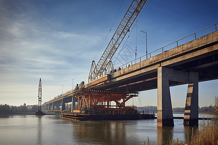 建筑起重机将巨型钢梁吊装到新桥上图片