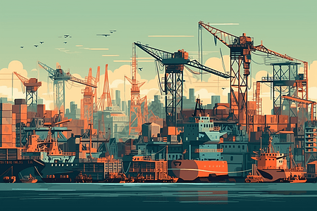 繁忙的工业运输港口艺术插图图片