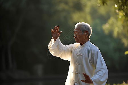 在风景优美的环境中练习太极拳高清图片